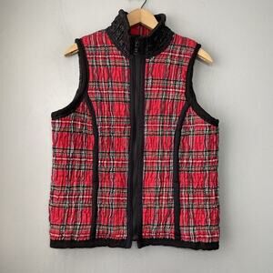 Lana Sport Reversible Vest Size 8 Red Black Plaid Crinkle Gilet Artsy Chic Prep